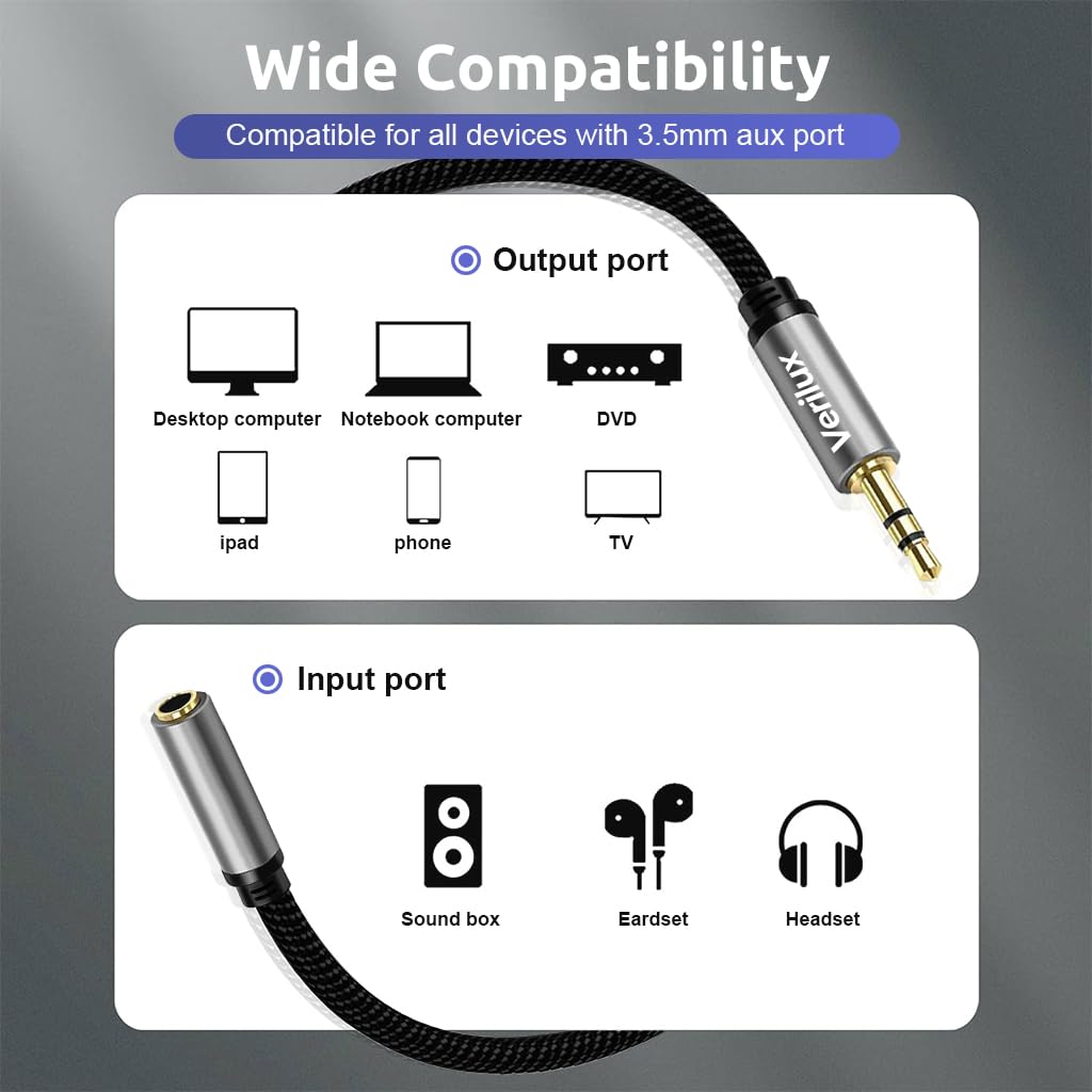Verilux Audio Aux Cable, 16.4Ft Jack Audio Extension Cable Male to Female Audio Jack Cable, Universal Stereo 3.5 mm to 3.5 mm Cable for Phones, Speakers, Headphones, Tablets, MP3 Players and Car Verilux Audio Aux Cable, 16.4Ft Jack Audio Extension Cable Male to Female Audio Jack Cable, Universal Stereo 3.5 mm to 3.5 mm Cable for Phones, Speakers, Headphones, Tablets, MP3 Players and Car